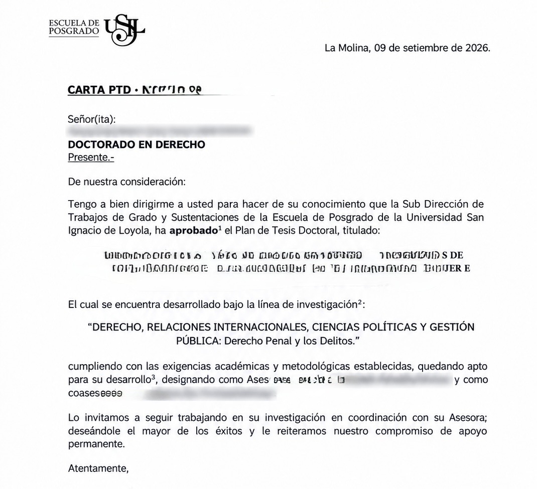 Carta de la USIL que comunica la aprobación de un plan de tesis doctoral
