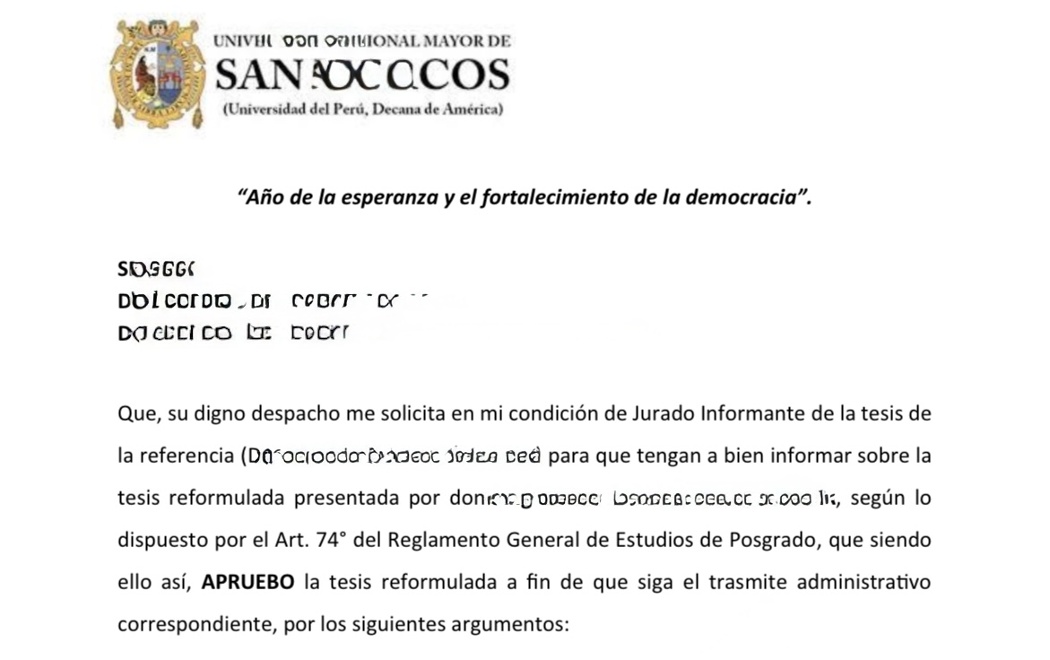 Documento de la UNMSM que aprueba una tesis reformulada